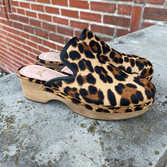 J. Crew Leopard Calf Hair Wood Clogs Size 6